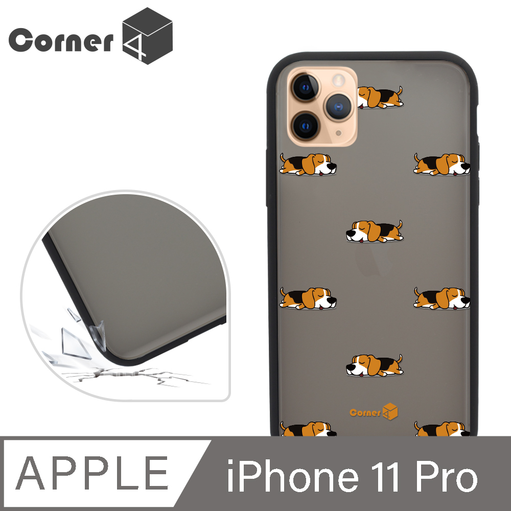 Corner4 iPhone 11 Pro 5.8吋柔滑觸感軍規防摔手機殼-米格魯懶洋洋(黑殼)