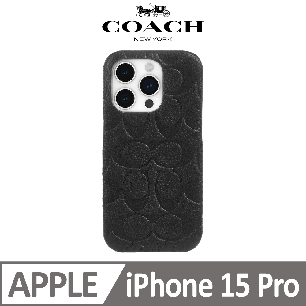【COACH】iPhone 15 Pro 真皮手機殼 黑色壓花經典大C