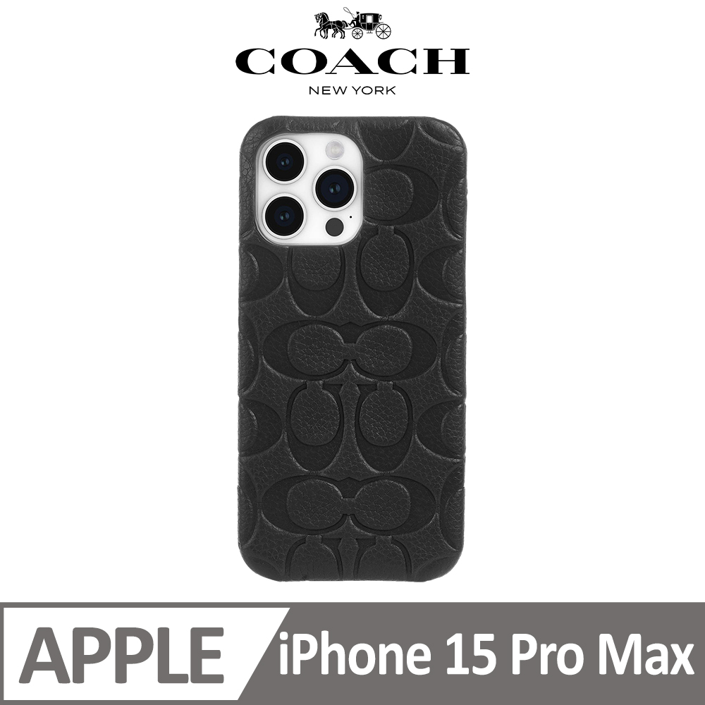 【COACH】iPhone 15 Pro Max 真皮手機殼 黑色壓花經典大C