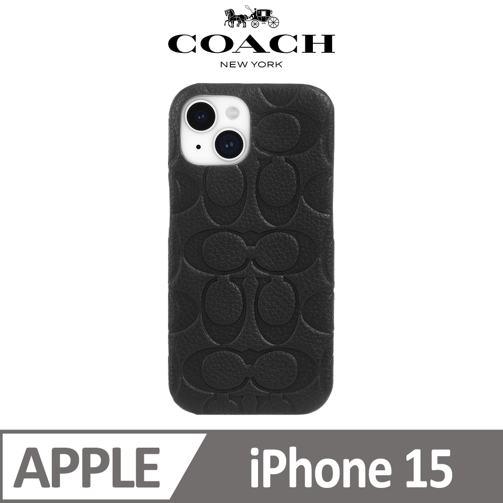 【COACH】iPhone 15 真皮手機殼 黑色壓花經典大C