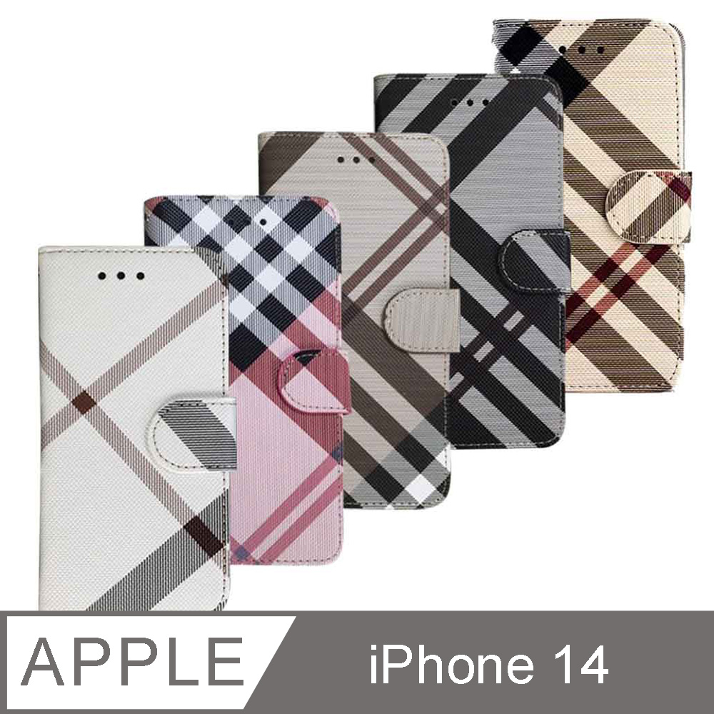 Aguchi 亞古奇 Apple iPhone 14 (6.1吋) (精品版) 英倫格紋經典手機皮套 側掀磁扣支架式皮套