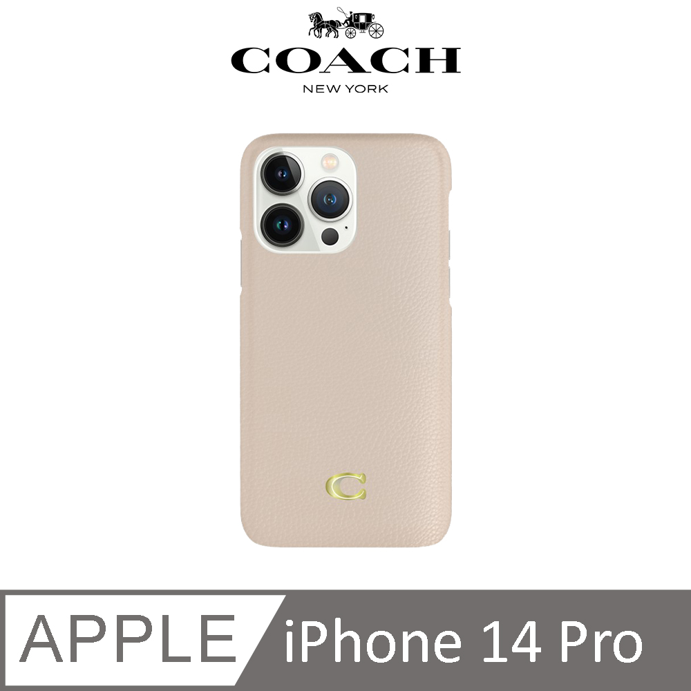 【COACH】iPhone 14 Pro 精品真皮手機殼 粉白色經典大C