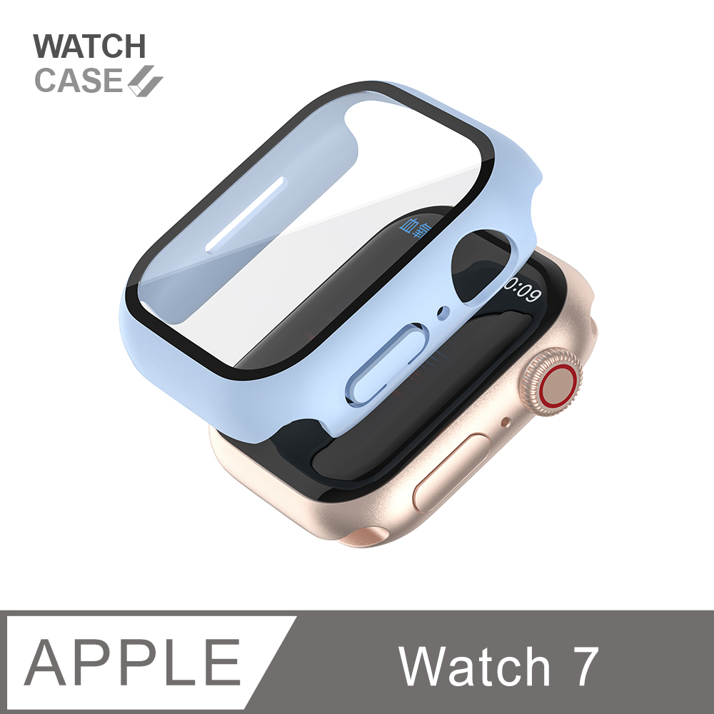 Apple Watch 7 保護殼 簡約輕薄 防撞 防摔 錶殼 鋼化玻璃 二合一 適用蘋果手錶 - 晴空藍