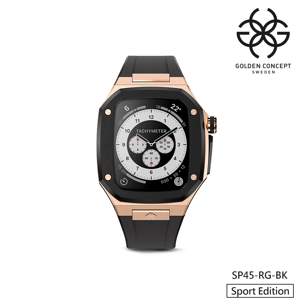 【Golden Concept】APPLE WATCH 45mm 烏黑橡膠錶帶 玫瑰金錶框 WC-SP45-RG-BK