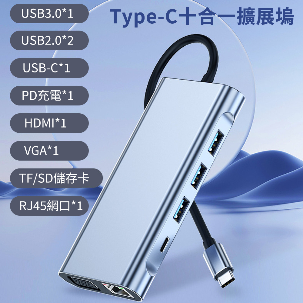 【神鬼玩家】Type-C 十合一多功能hub傳輸擴充集線器(USB3.0擴展塢/PD快充/HDMI 4K/網口/SD/TF)