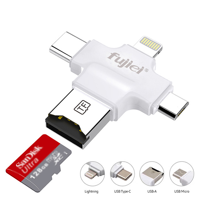 fujiei 多功能四合一OTG讀卡機 (USB A公/Micro USB/Type-C/Lightning)珍珠白