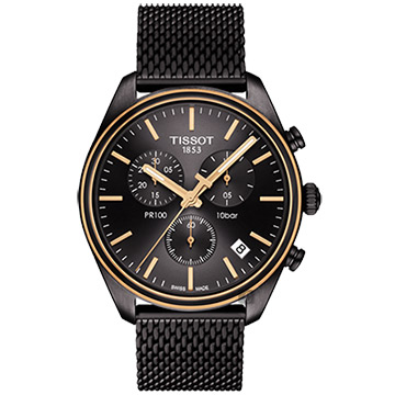 TISSOT 天梭 PR100 經典米蘭帶計時手錶-鍍黑/41mm T1014172306100