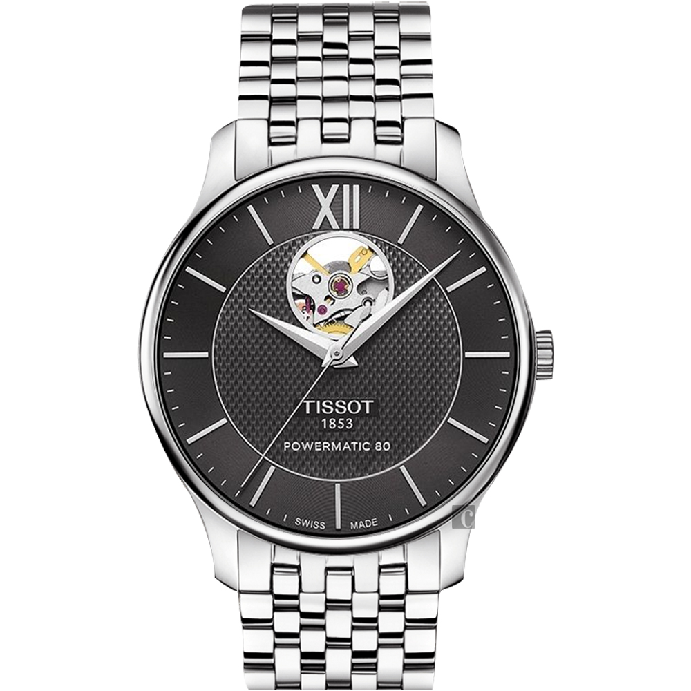 TISSOT Tradition 80小時動力鏤空機械腕錶-黑/40mm T0639071105800