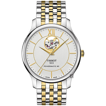 TISSOT Tradition 80小時動力鏤空機械腕錶-銀x雙色/40mm T0639072203800
