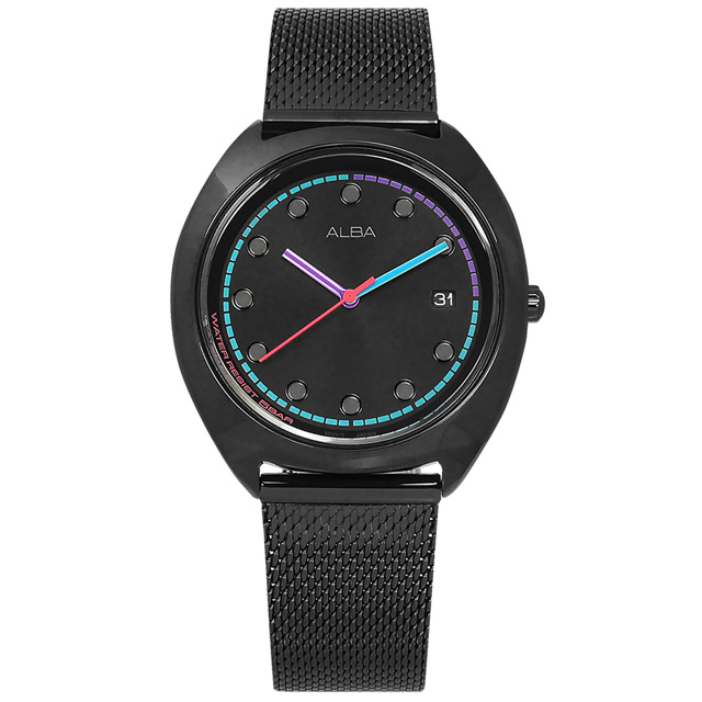 ALBA / VJ32-X304SD.AG8K53X1 / 跳色潮流 霓虹元素 日期 米蘭編織不鏽鋼手錶 鍍黑 36mm