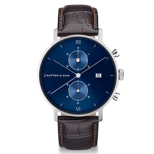 Kapten & Son CHRONO計時系列藍色錶盤鱷魚紋錶帶手錶(咖啡)