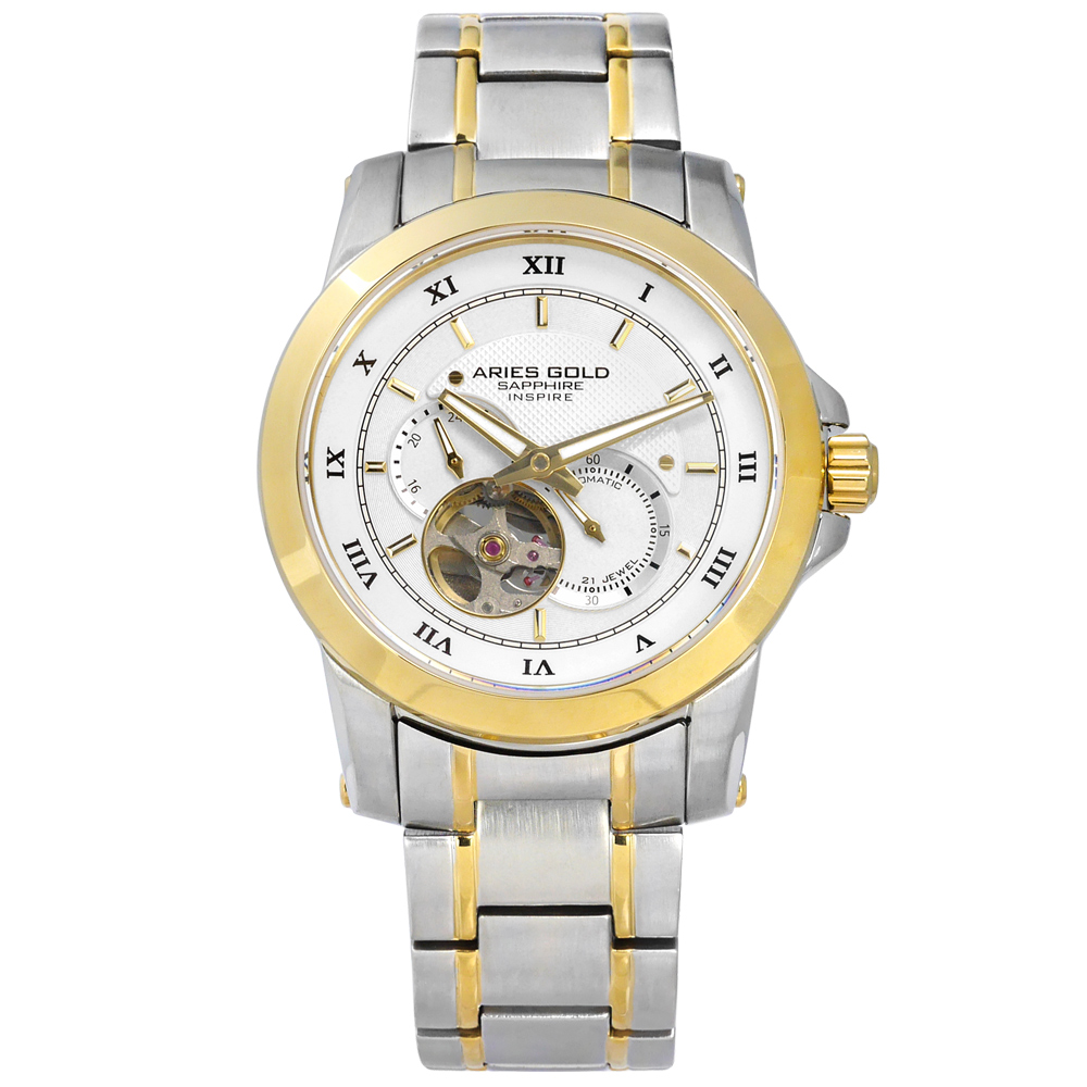 ARIES GOLD / G90012TG-W / 機械錶 自動上鍊 鏤空機芯 藍寶石水晶玻璃 不鏽鋼手錶 銀白x鍍金 41mm